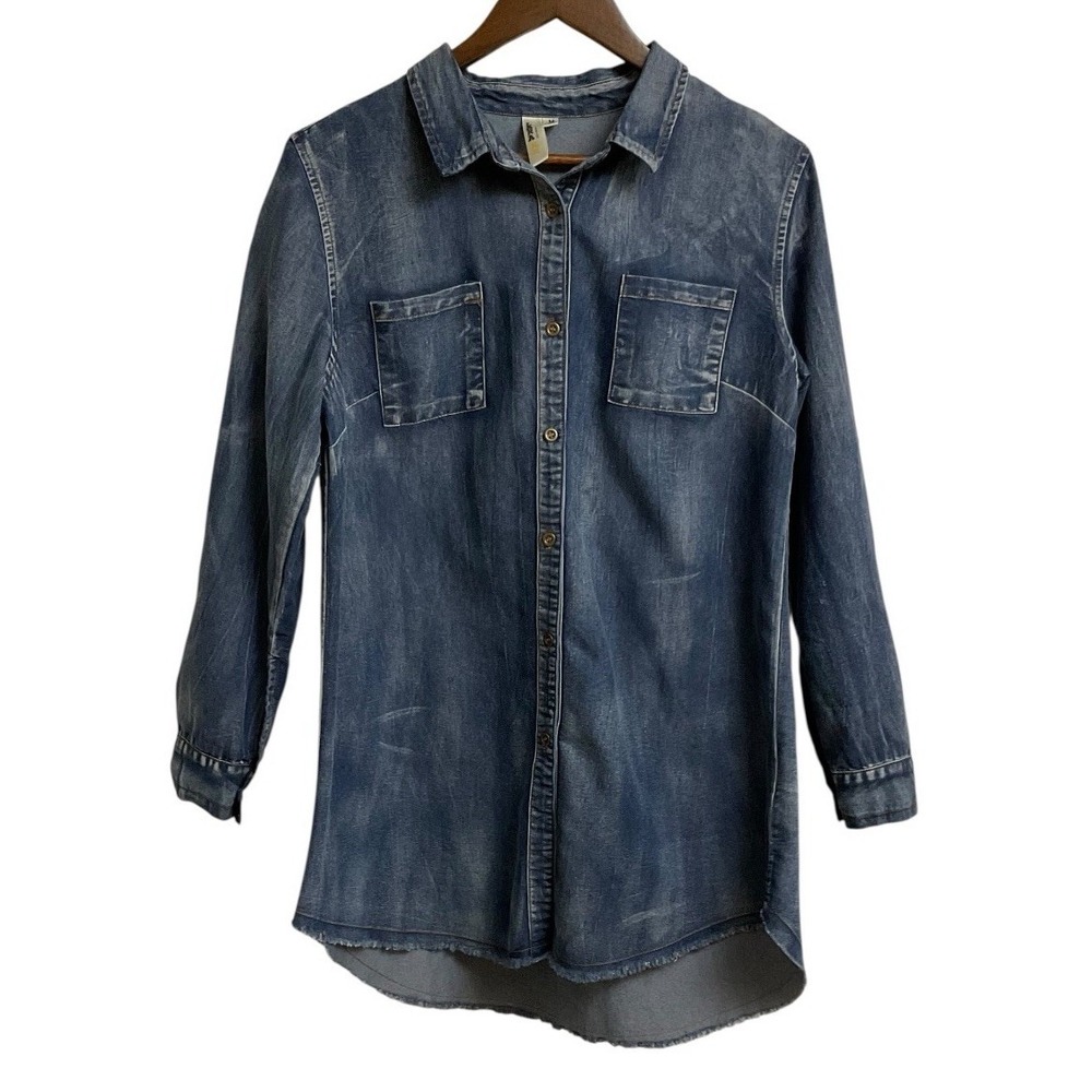 Lara Denim Shirt Women M Western Tunic Blue Long Sleeve Button Up High Low Hem